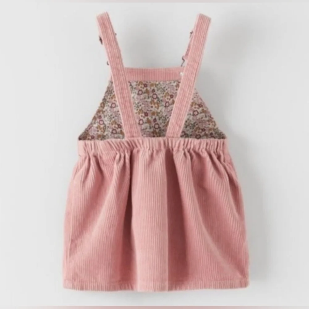 Zara Mauve Pink Corduroy Pinafore Dress with Floral Trim Summer Coquette Girl